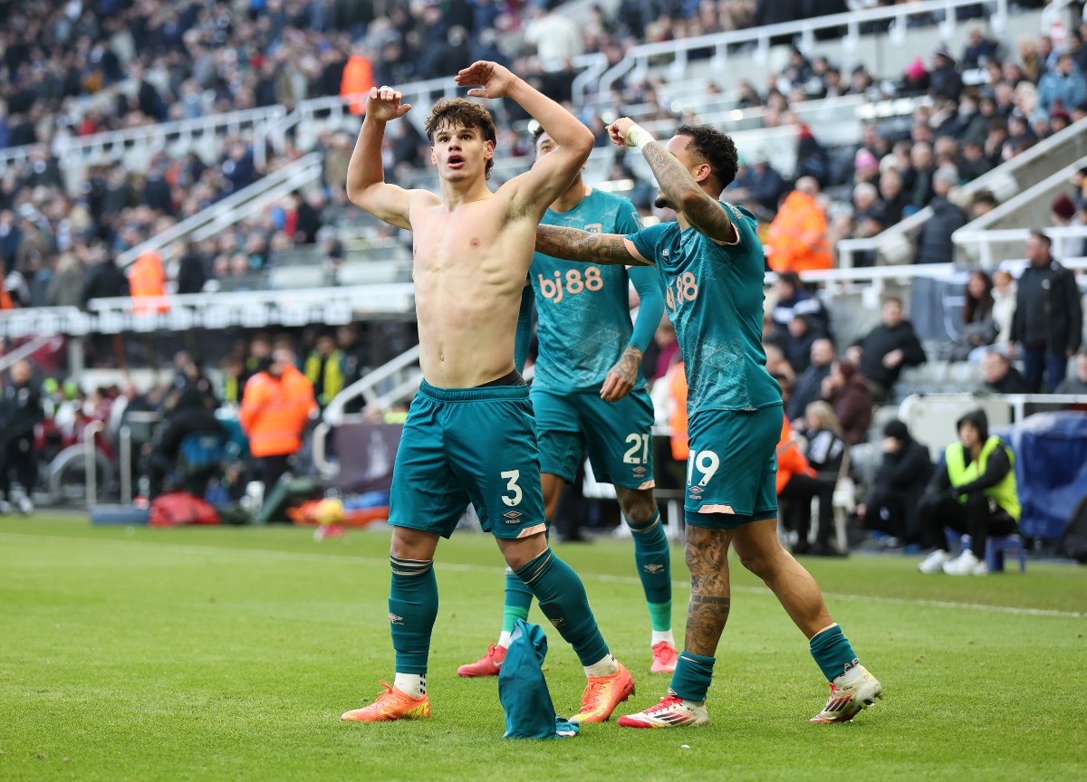 Milos Kerkez celebrates a goal for Bournemouth against Newcastle