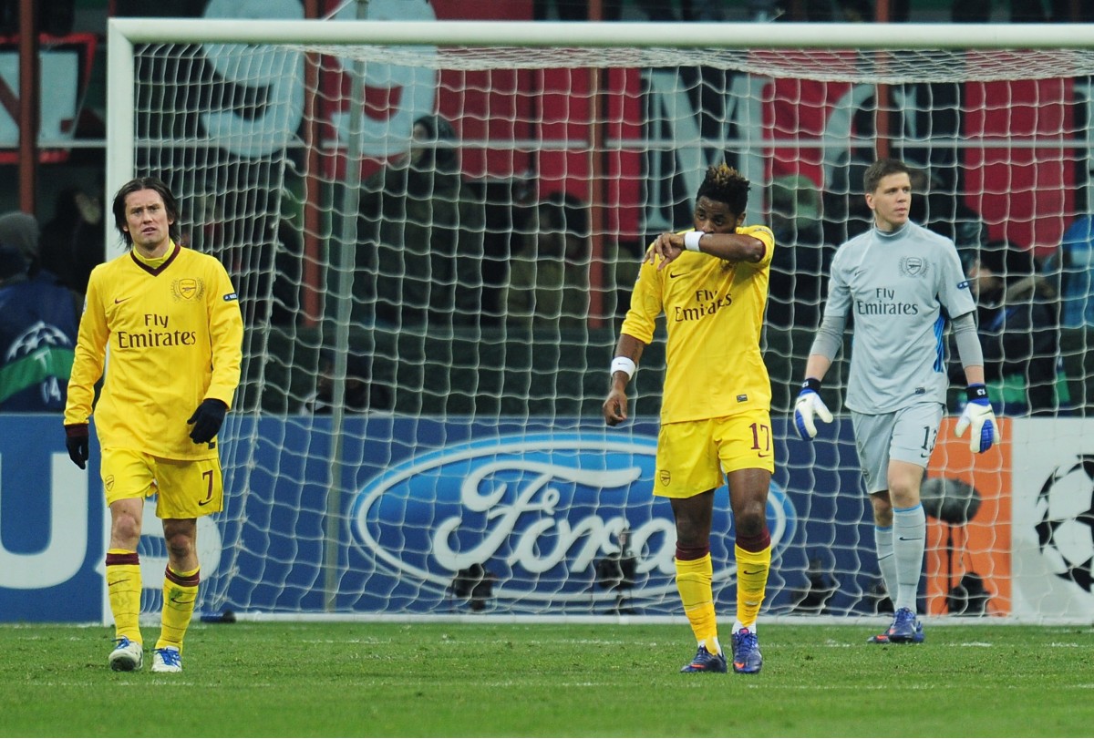 Tomas Rosicky, Alex Song and Wojciech Szczesny in action for Arsenal