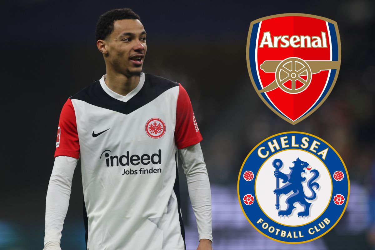 Hugo Ekitike of Eintracht Frankfurt looks on, with the Chelsea and Arsenal badges attached