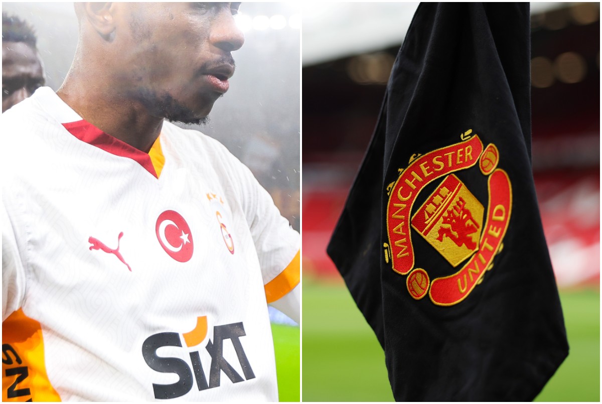 Victor Osimhen in action for Galatasaray and a Man Utd corner flag at Old Trafford