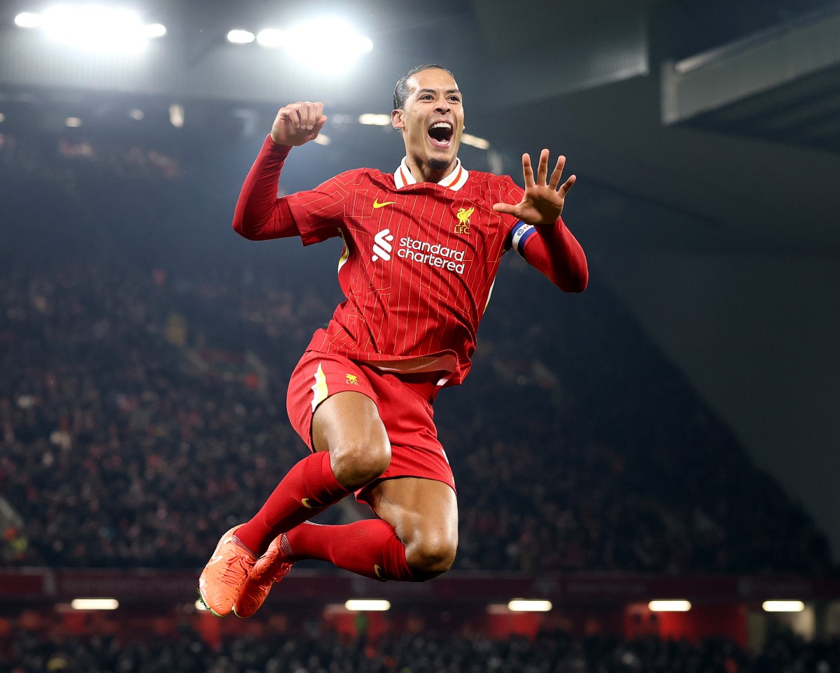 Virgil van Dijk celebrates scoring for Liverpool against Tottenham