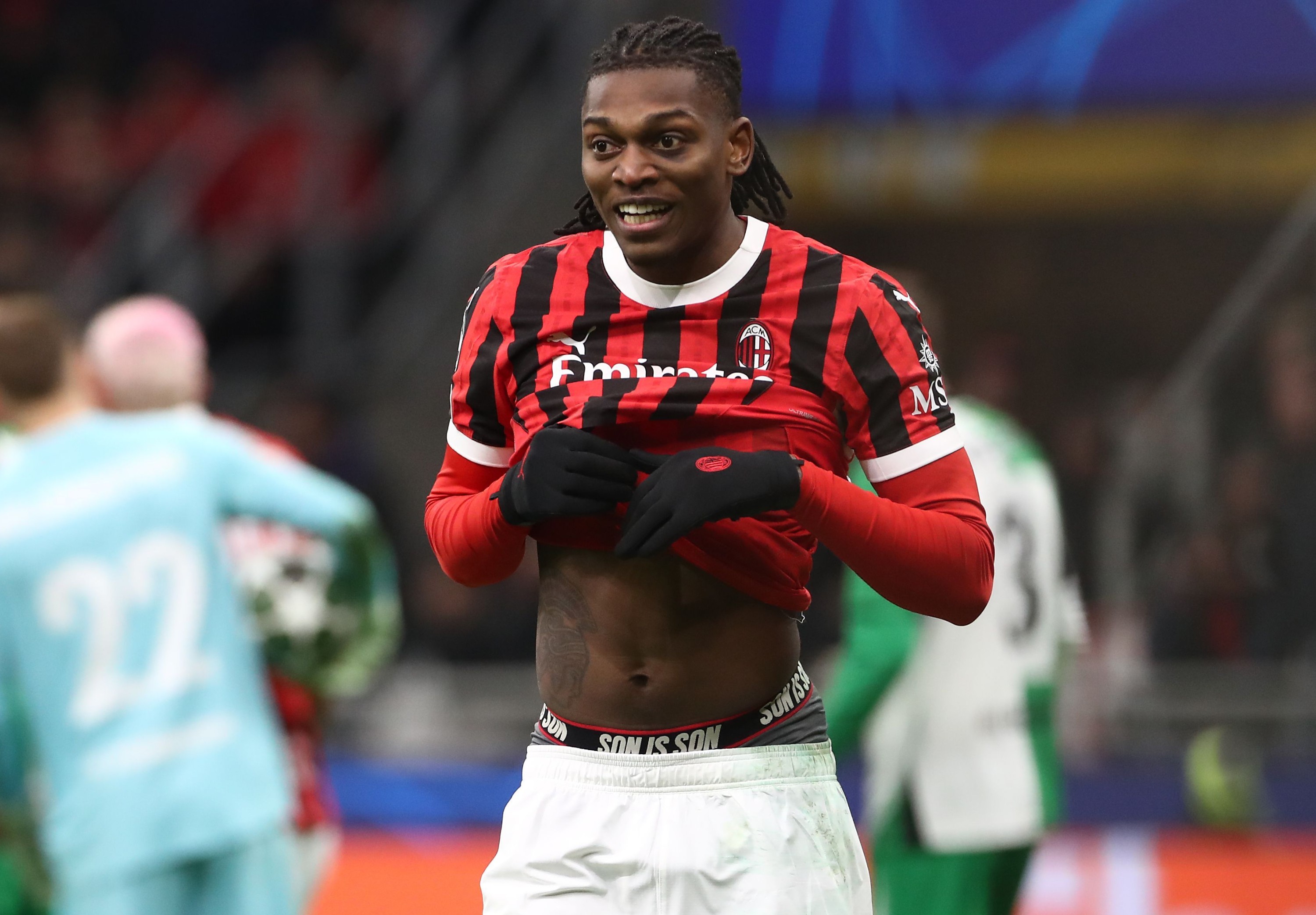 Rafael Leao reacts during the UEFA Champions League 2024/25 League Knockout Play-off second leg match between AC Milan and Feyenoord at San Siro Stadium on February 18, 2025 in Milan, Italy.