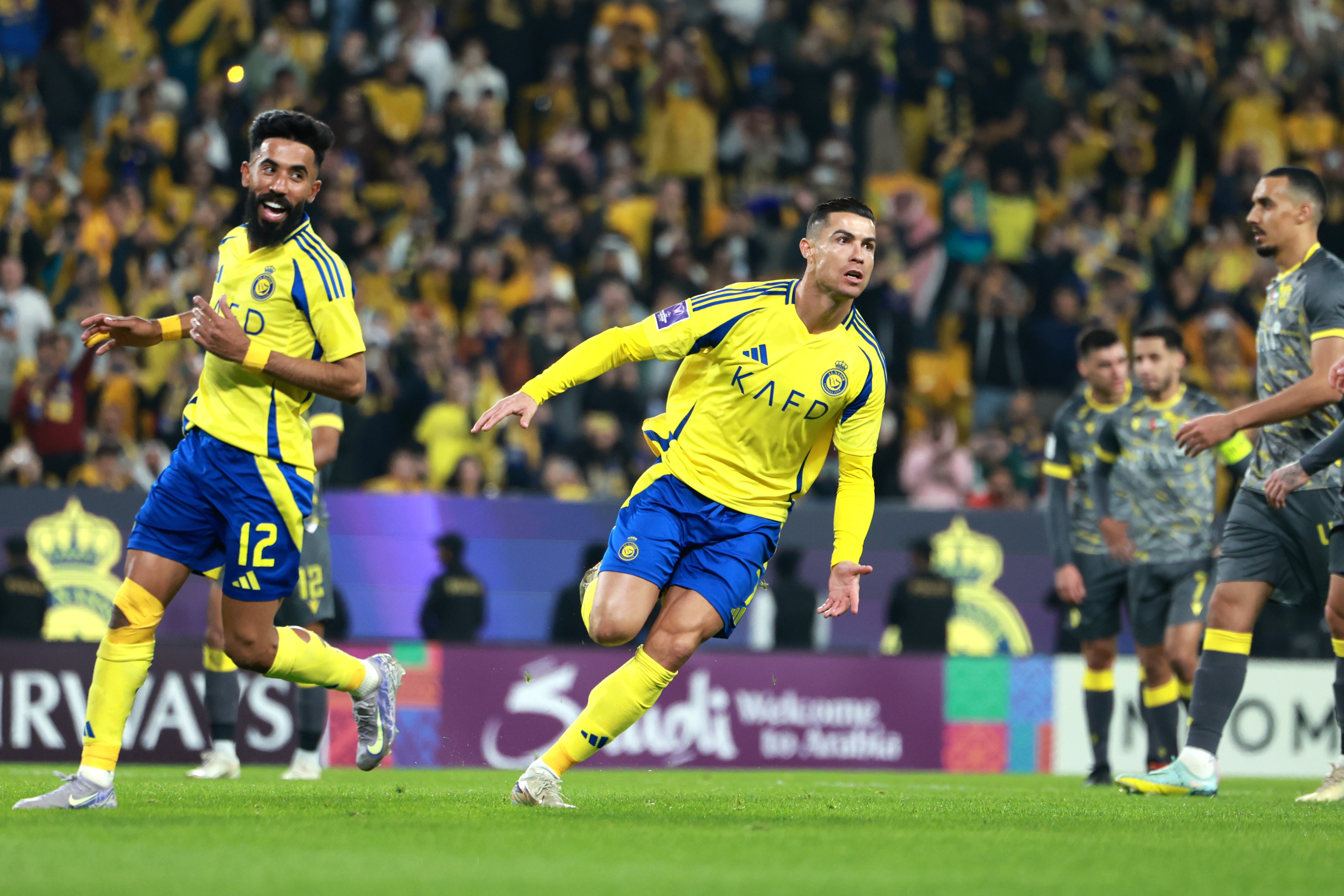 Cristiano Ronaldo of Al Nasr Slavs after scoring the second goal of his team