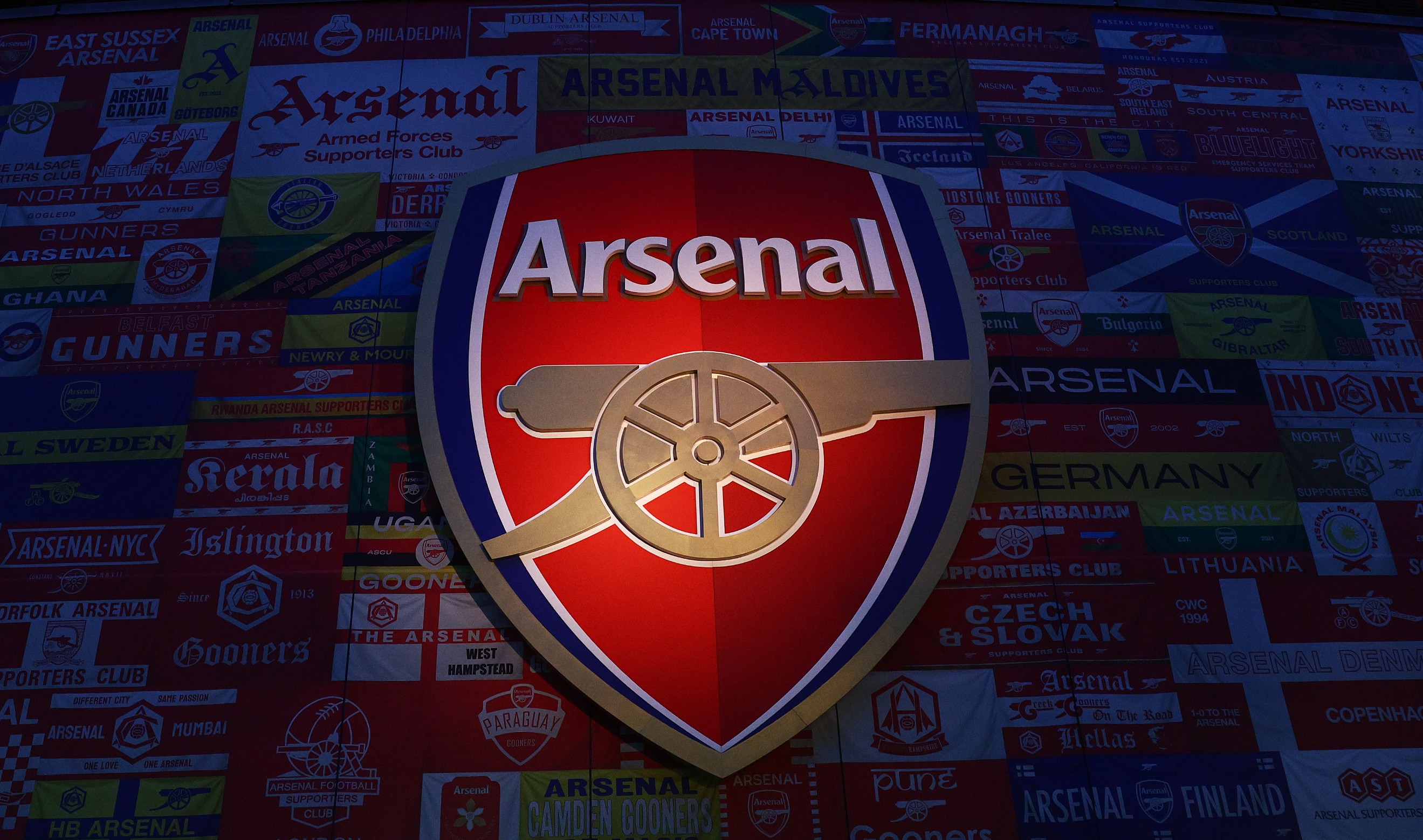 A detailed view of the Arsenal badge with the 