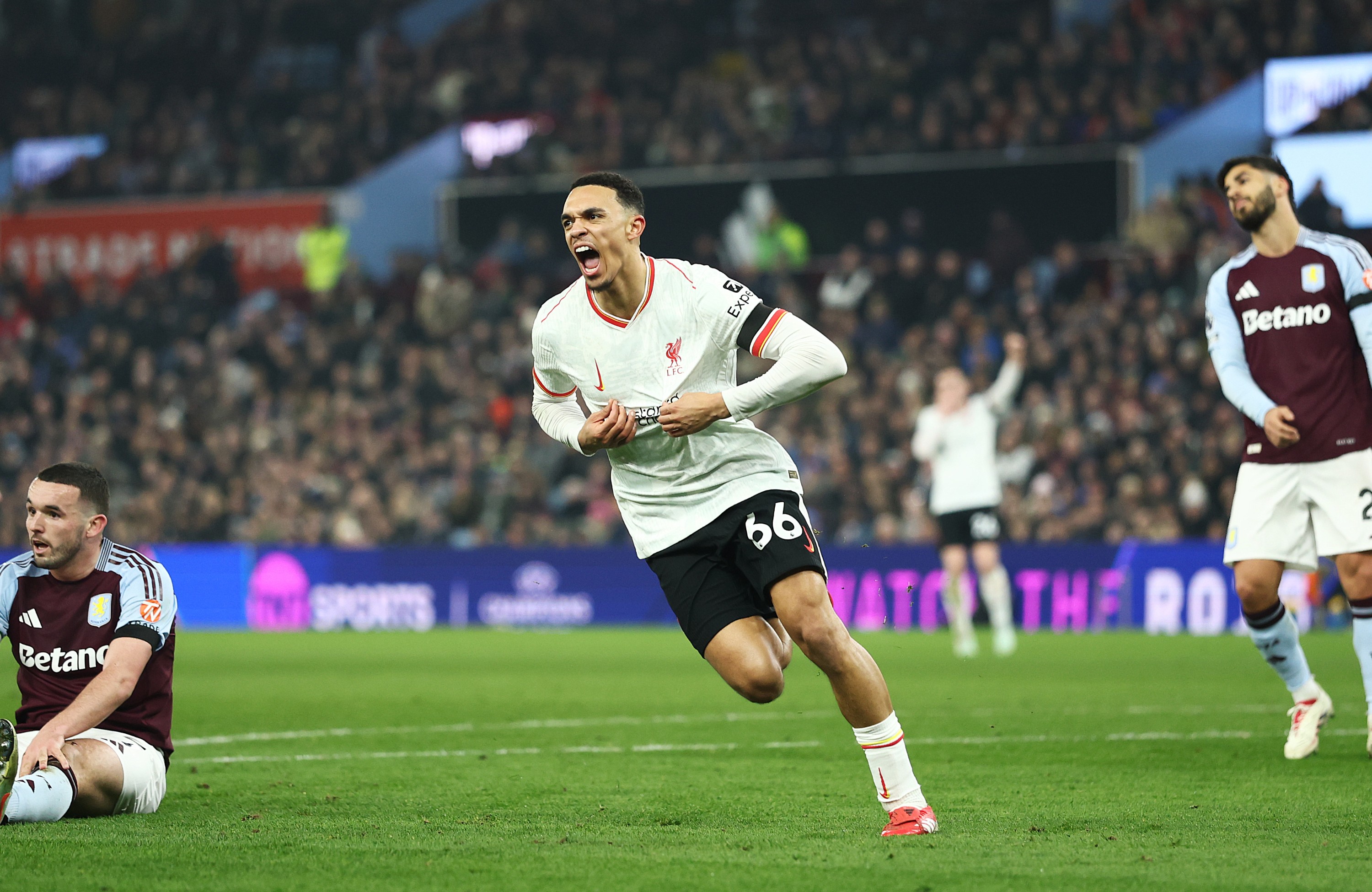 Trent Alexander-Arnold of Liverpool celebrates scoring his team's second goal against Aston Villa