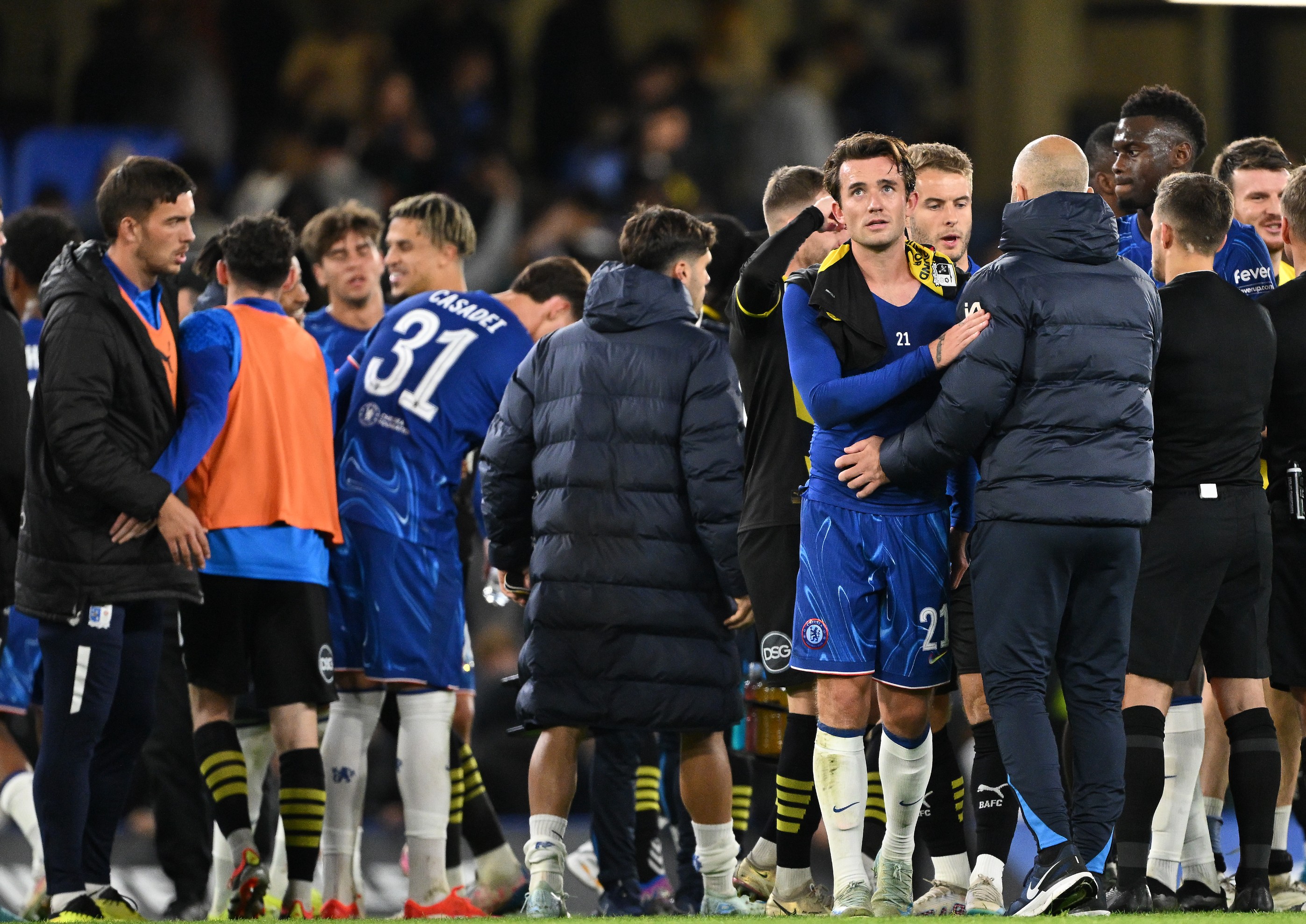 Ben Chilwell of Chelsea interacts with Enzo Maresca