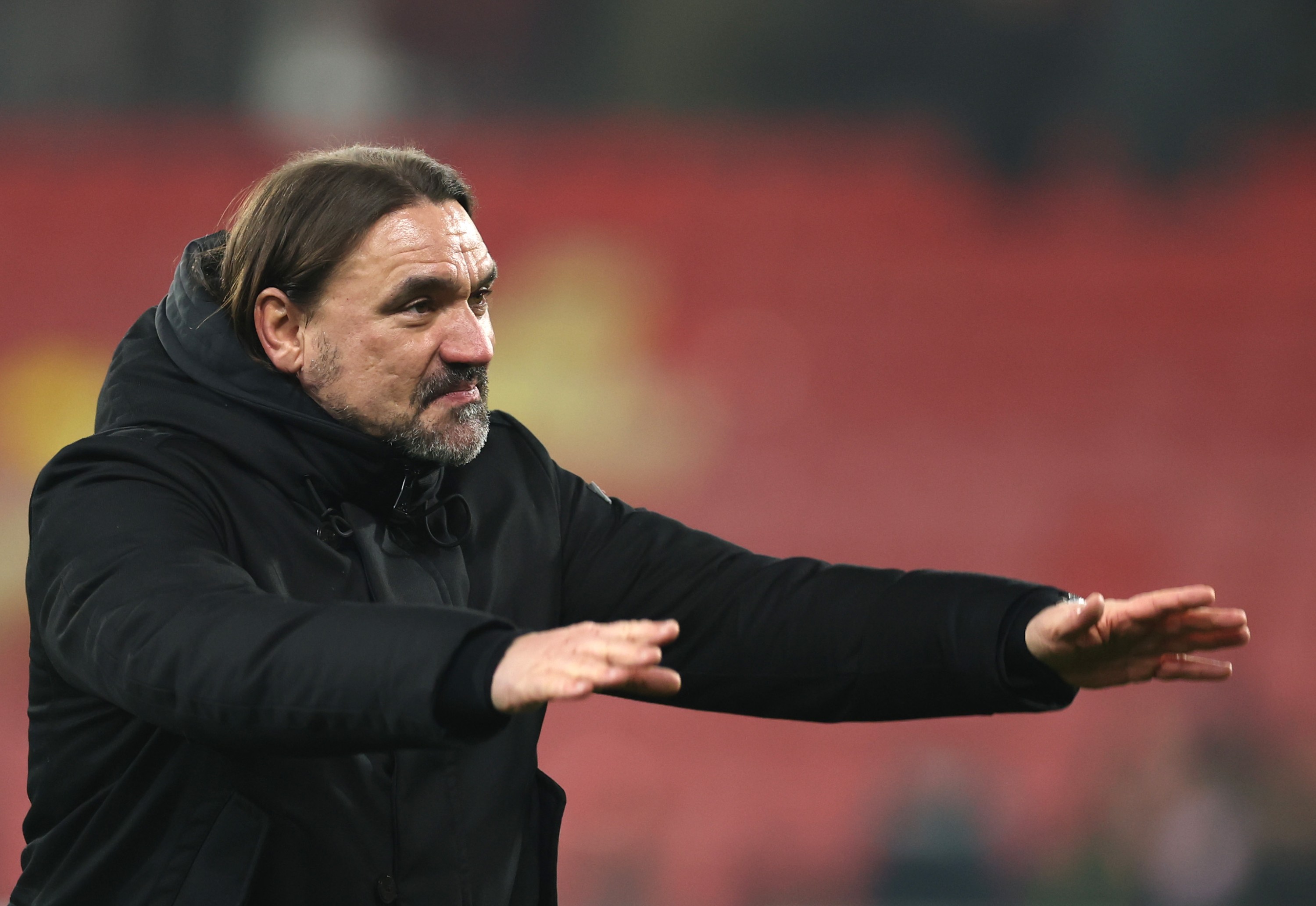 Daniel Farke, Manager of Leeds United, celebrates after the team's victory in the Sky Bet Championship match against Watford