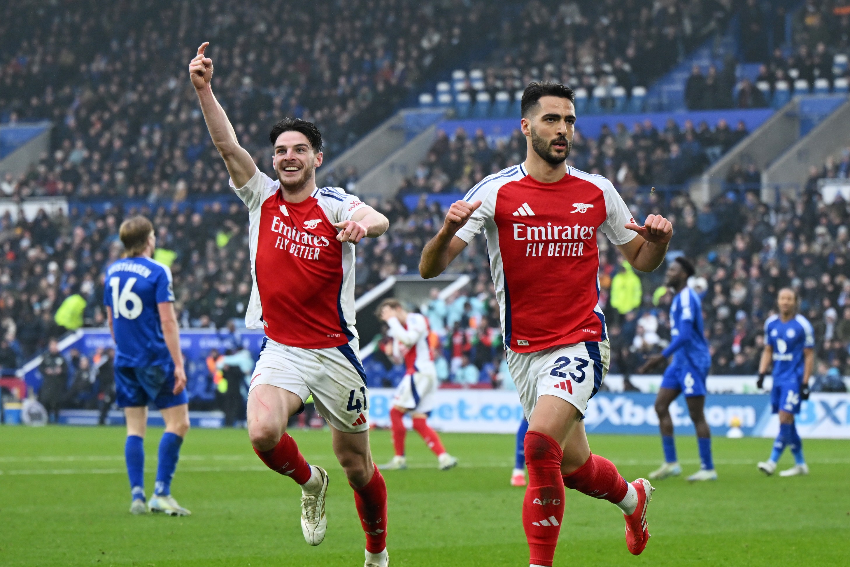 Mikel Merino of Arsenal celebrates scoring his team's first goal during the Premier League match against Leicester City