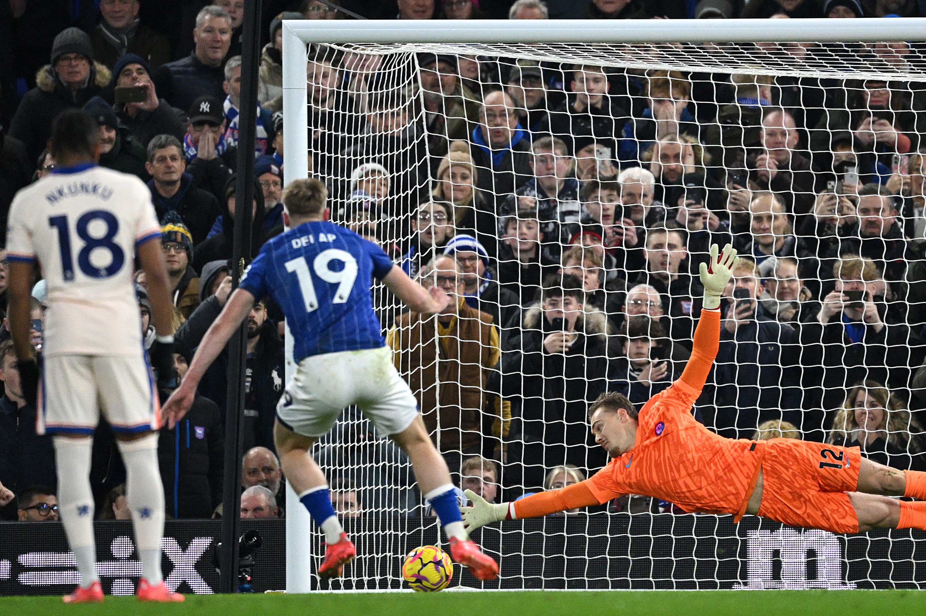 Filip Jorgensen of Chelsea fails to stop Liam Delap of Ipswich Town from scoring