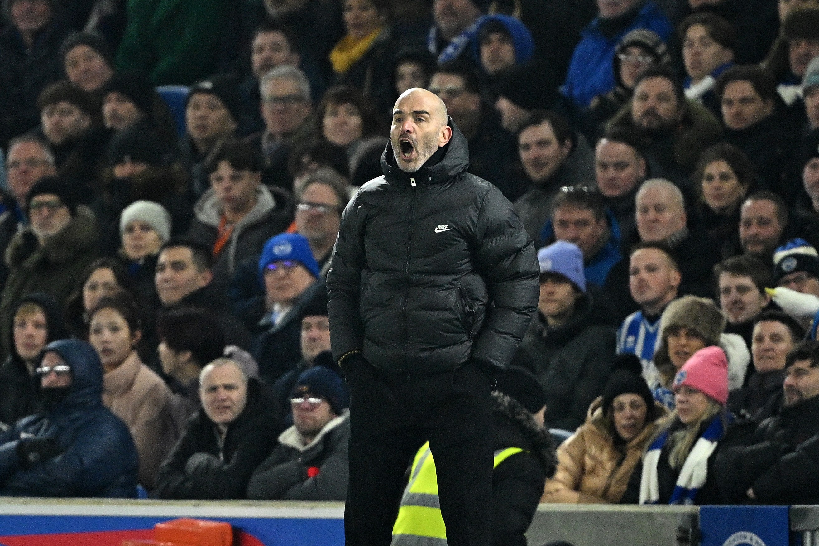 Enzo Maresca, Manager of Chelsea, reacts during the Premier League match against Brighton & Hove Albion