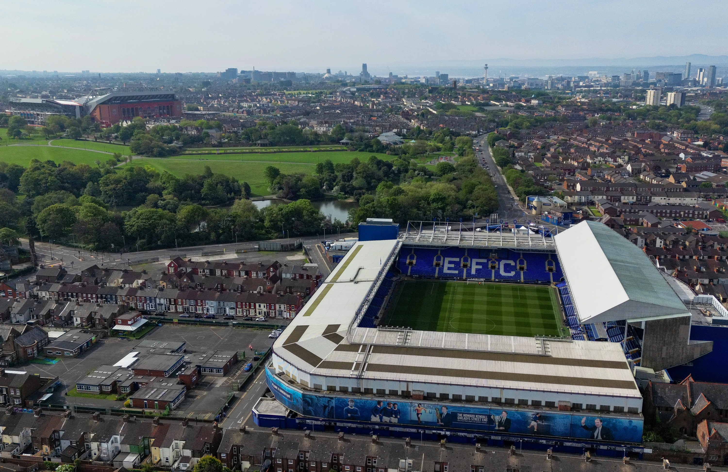 An aerial view of Goodison Park prior to the Premier League match between Everton FC and Manchester City