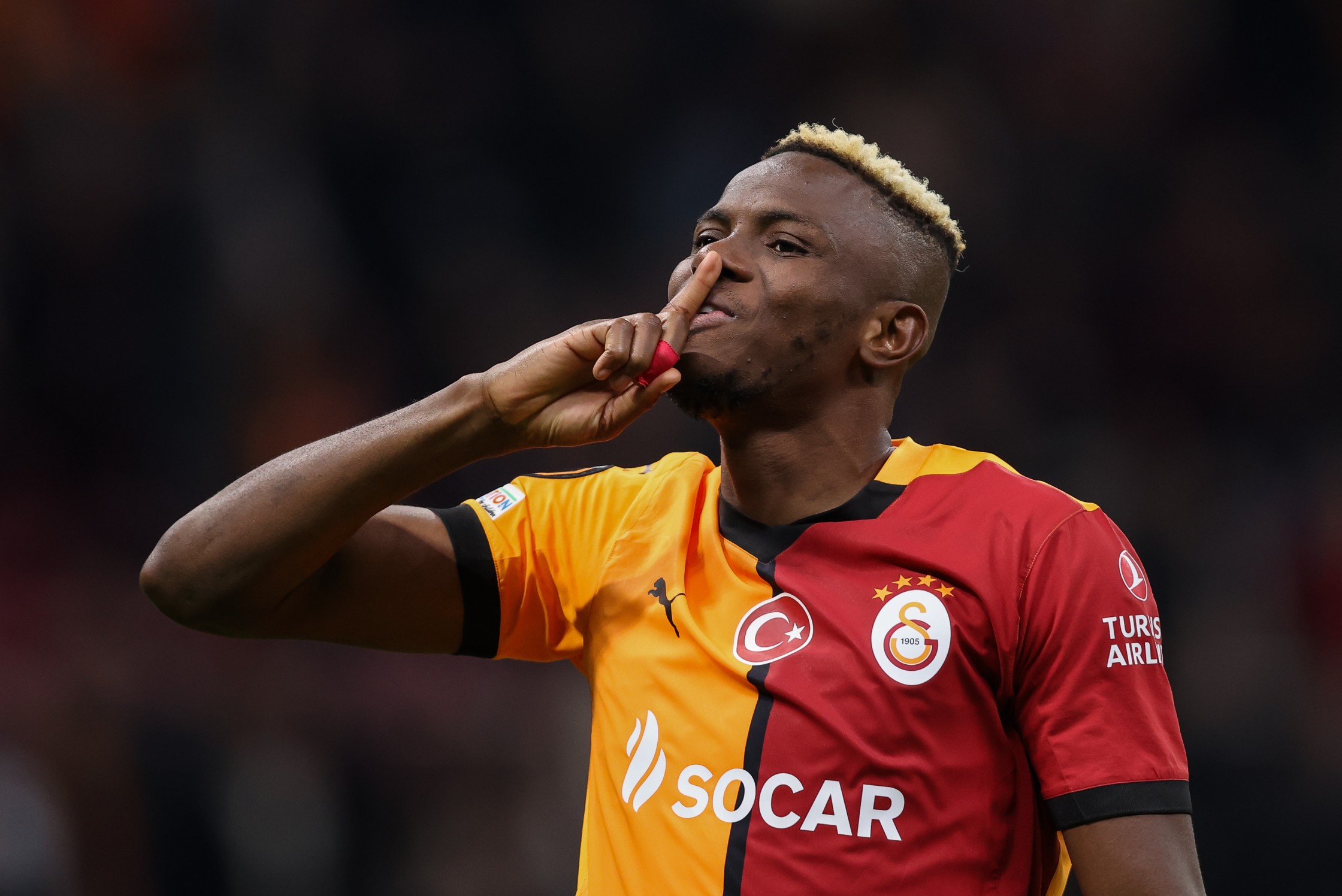 Victor Osimhen of Galatasaray celebrates victory over Tottenham Hotspur