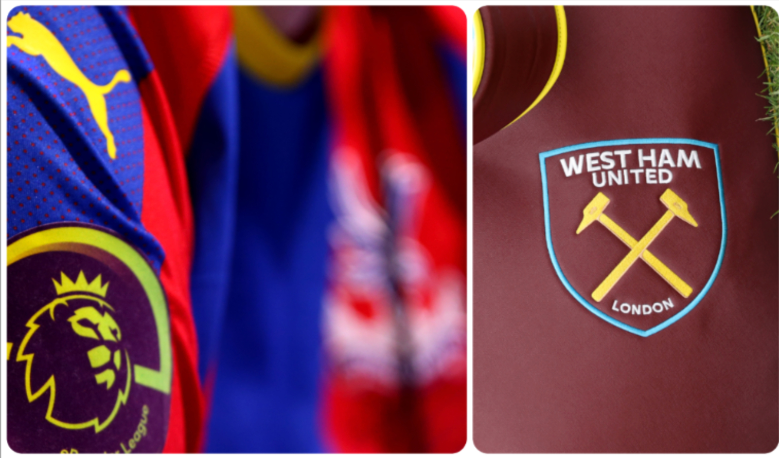 A composite image of a Crystal Palace shirt and a West Ham badge