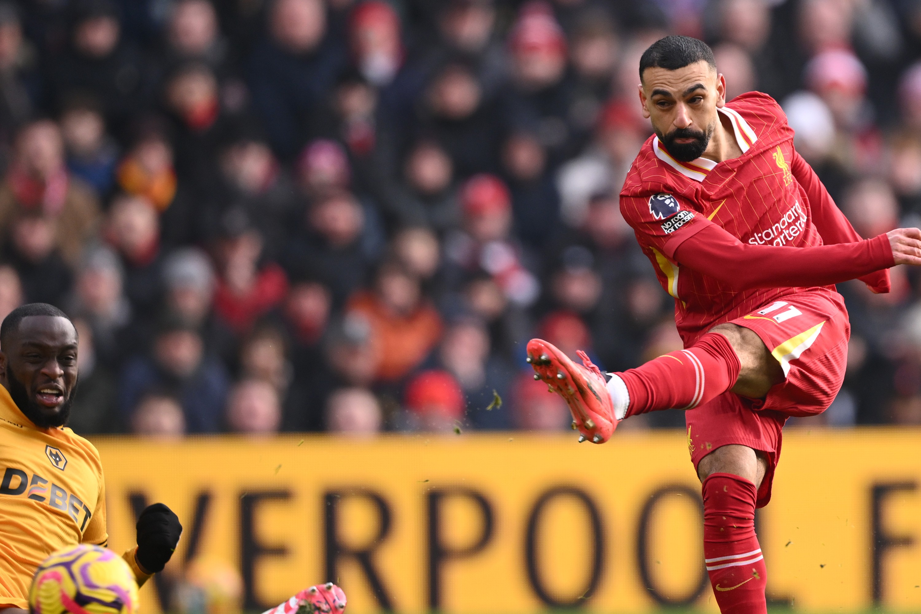 Mo Salah of Liverpool scores a goal which was later ruled out for offside