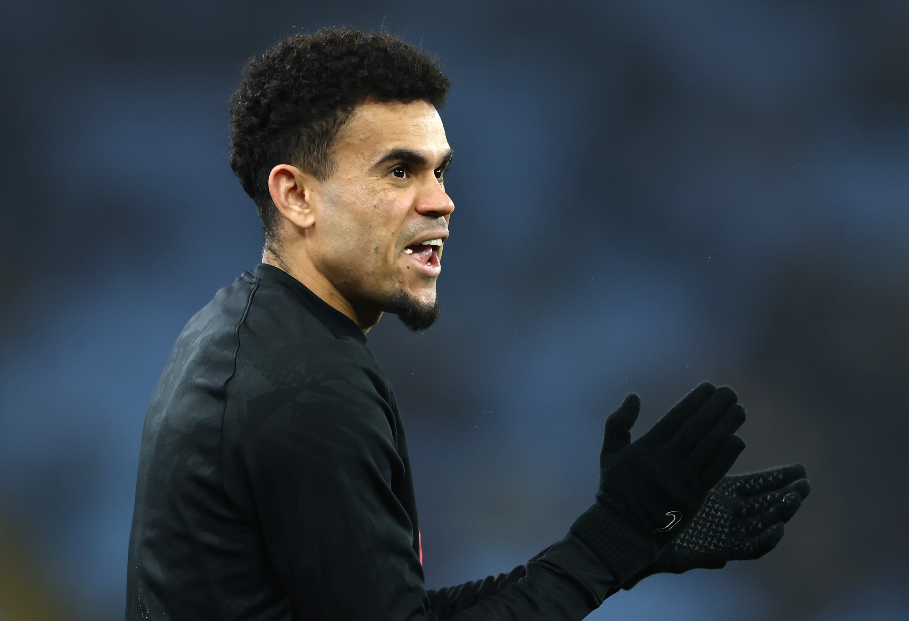 Luis Diaz of Liverpool reacts during the warm up prior to the Premier League match against Aston Villa on February 19, 2025