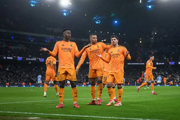 Brahim Diaz of Real Madrid celebrates scoring his team's second goal with Vinicius Junior and Kylian Mbappe