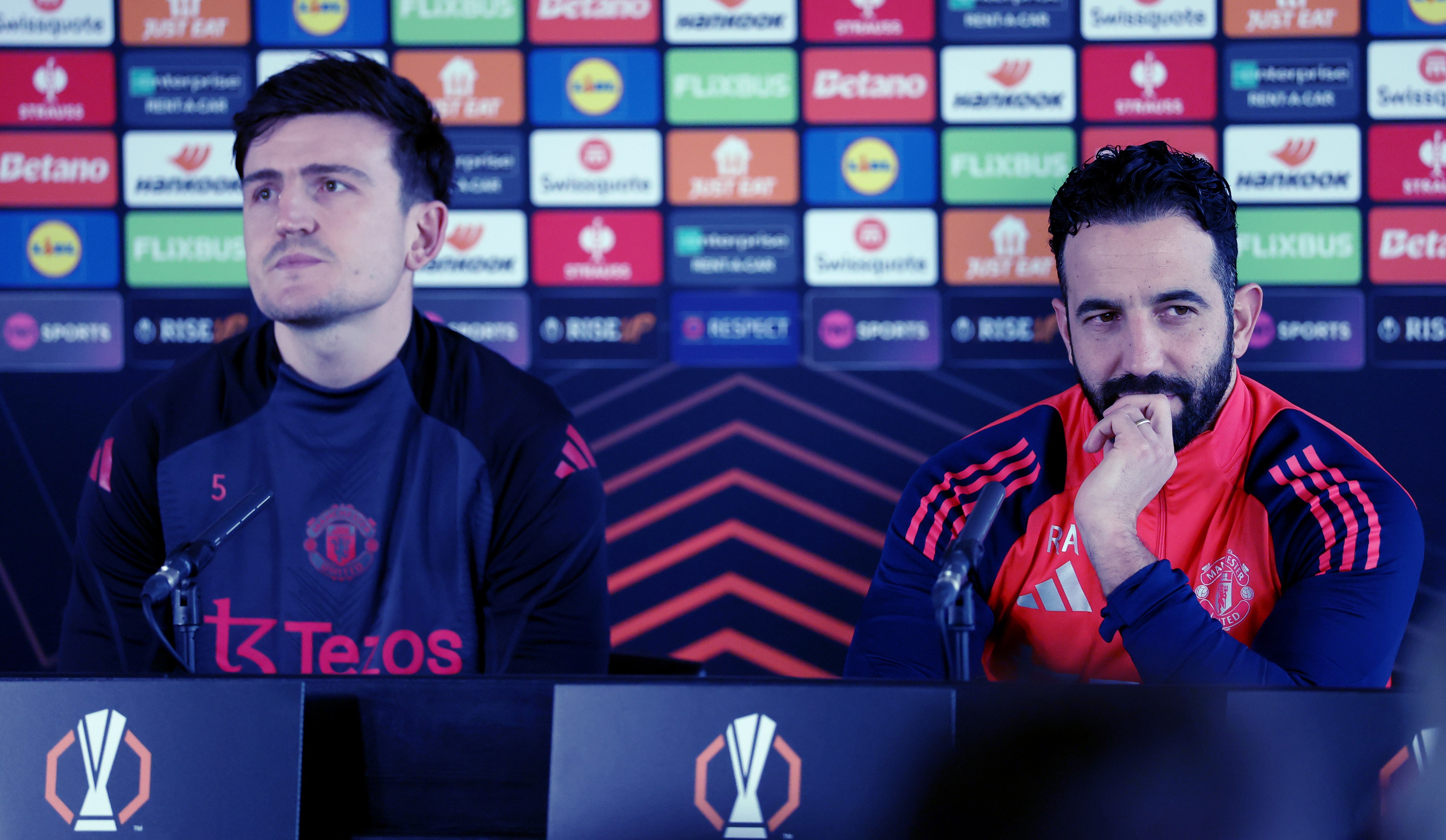 Ruben Amorim, Manager of Manchester United and Harry Maguire during the UEFA Europa League 2024/25 League Phase MD7 press conference