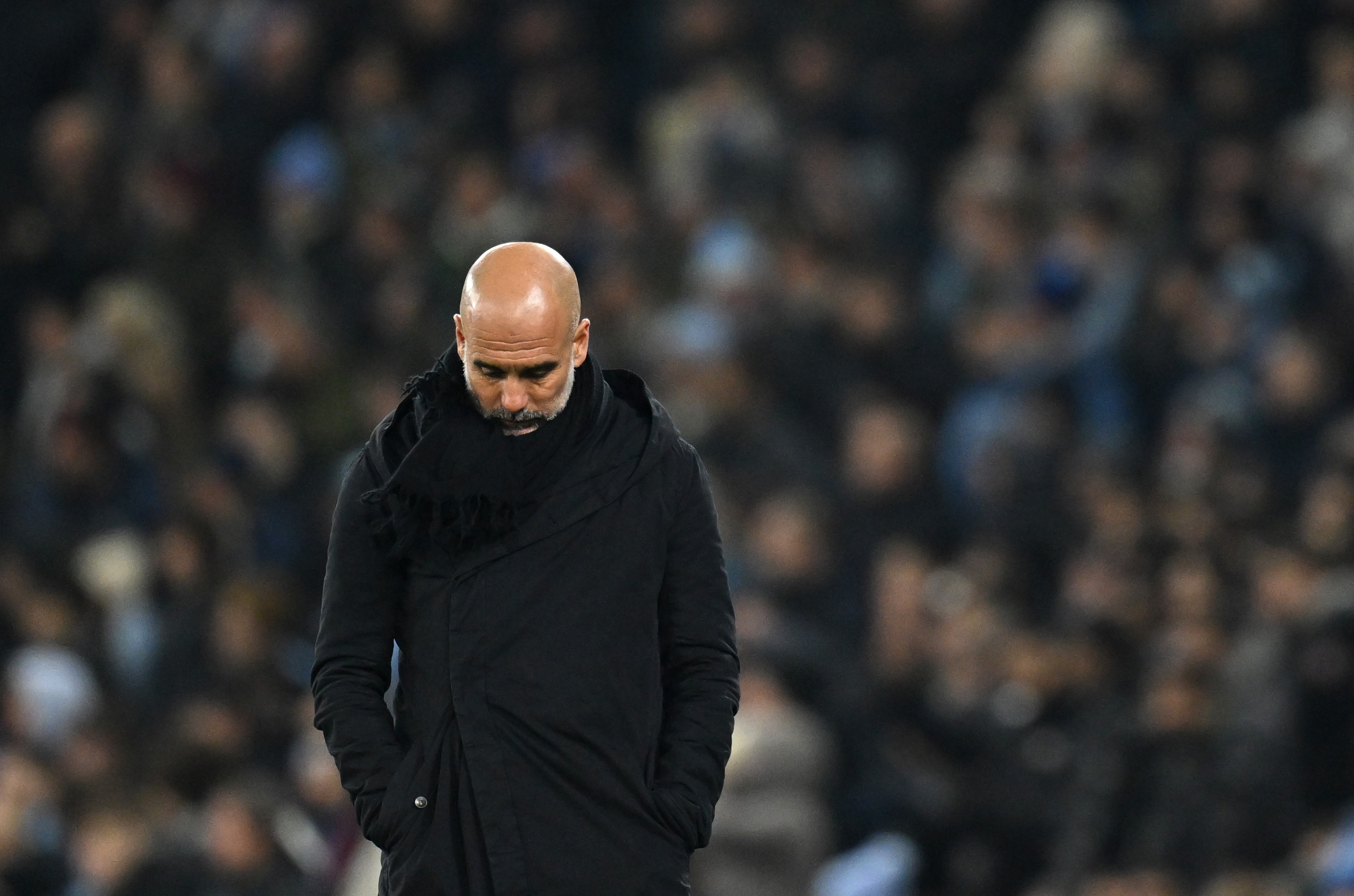 Pep Guardiola, Manager of Manchester City, reacts during the UEFA Champions League 2024/25 League Knockout Play-off