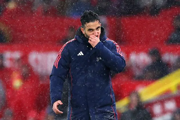 Ruben Amorim, Manager of Manchester United, reacts