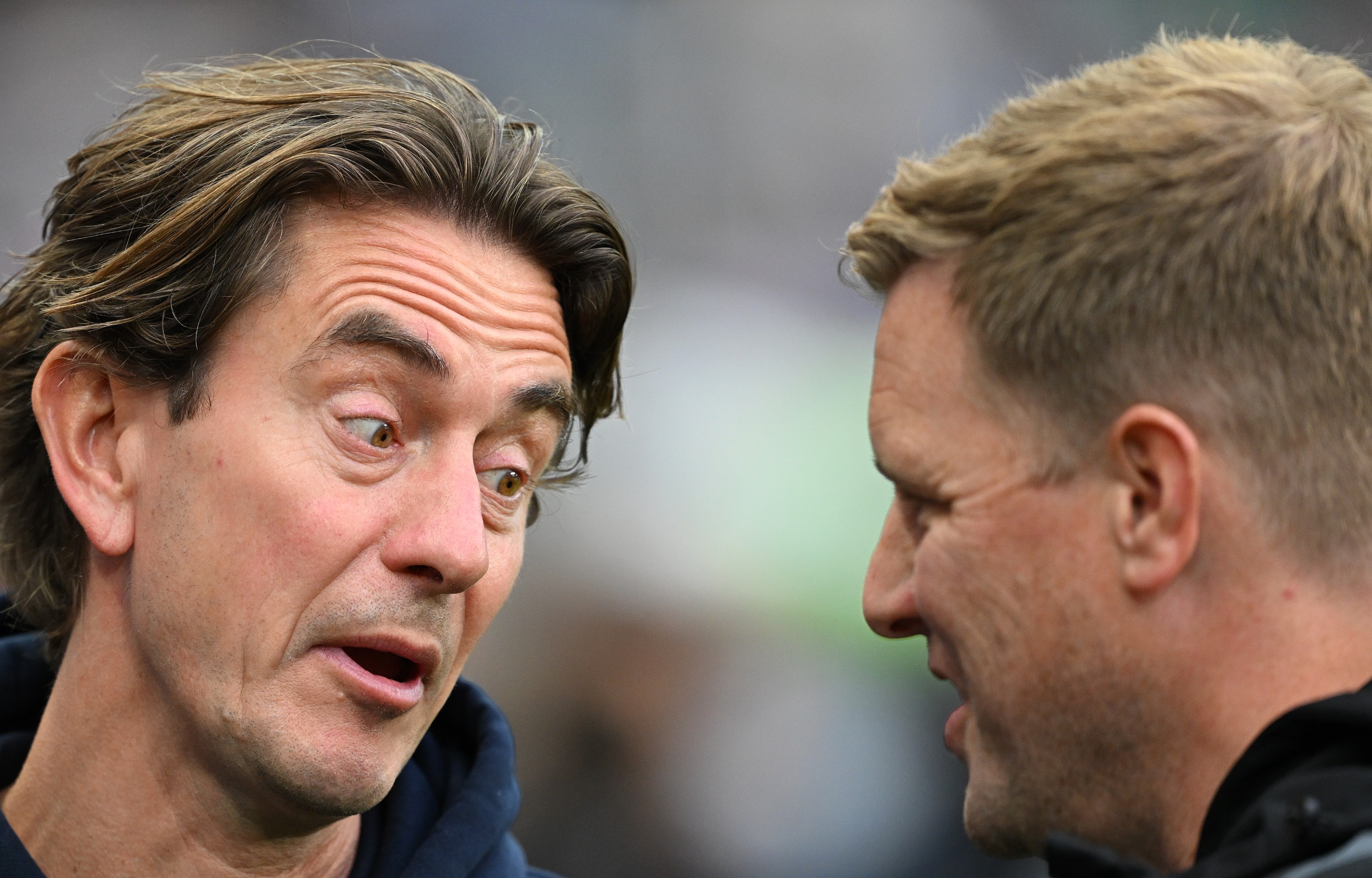 Eddie Howe with Thomas Frank prior to the Premier League match between Newcastle United and Brentford at St. James Park on September 16, 2023 in Newcastle upon Tyne, England