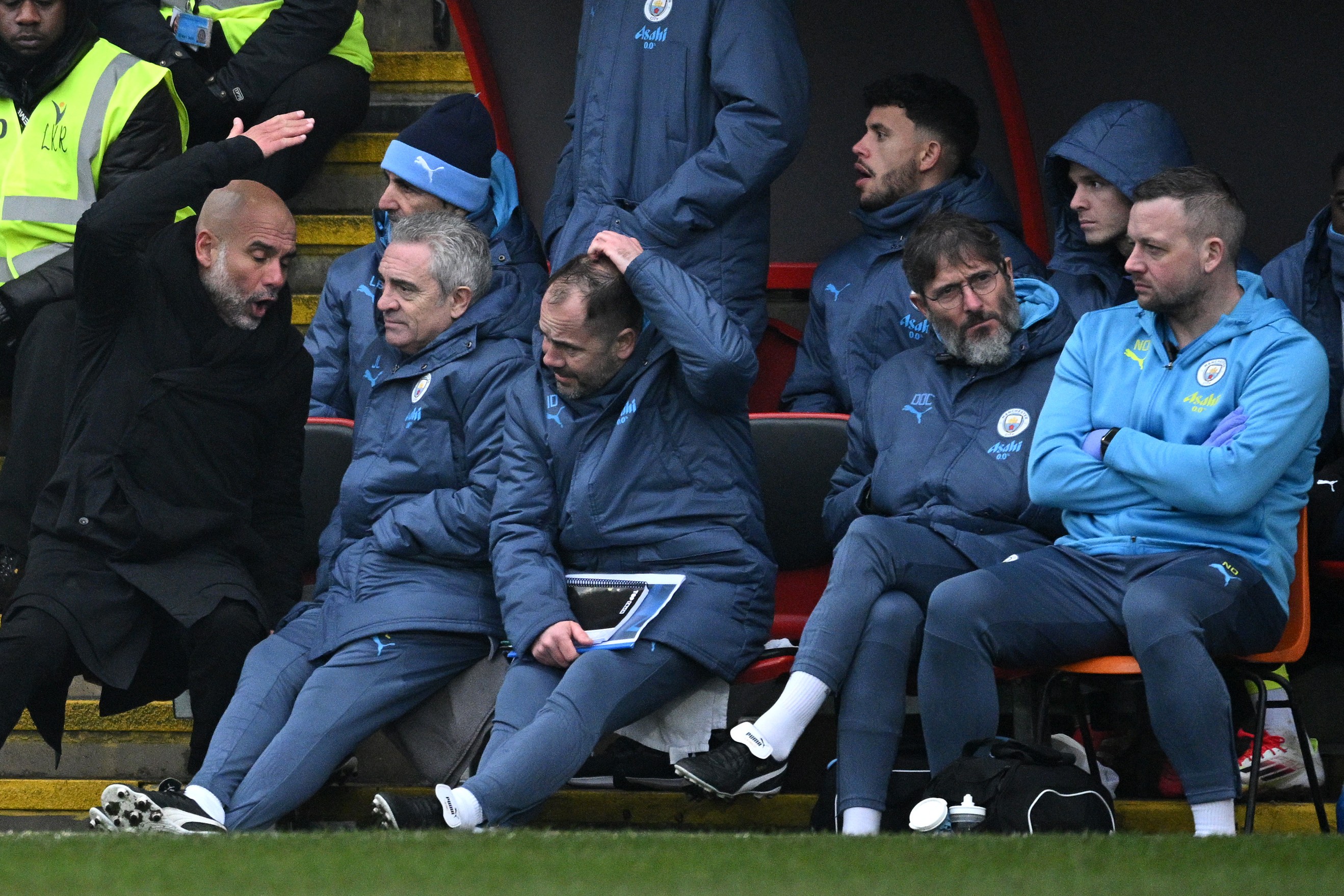 Pep Guardiola, Manager of Manchester City, reacts during the team's victory in the Emirates FA Cup Fourth Round match against Leyton Orient