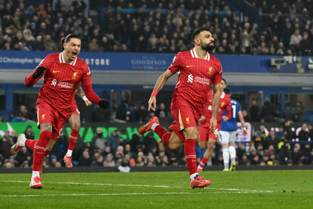 Mo Salah celebrating the target vs Everton