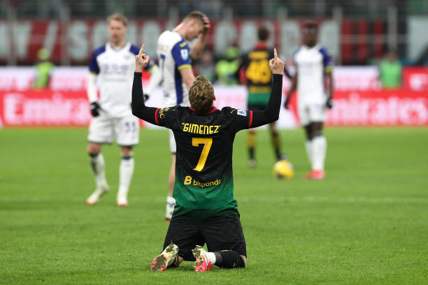 Santiago Gimenez celebrating his goal for AC Milan