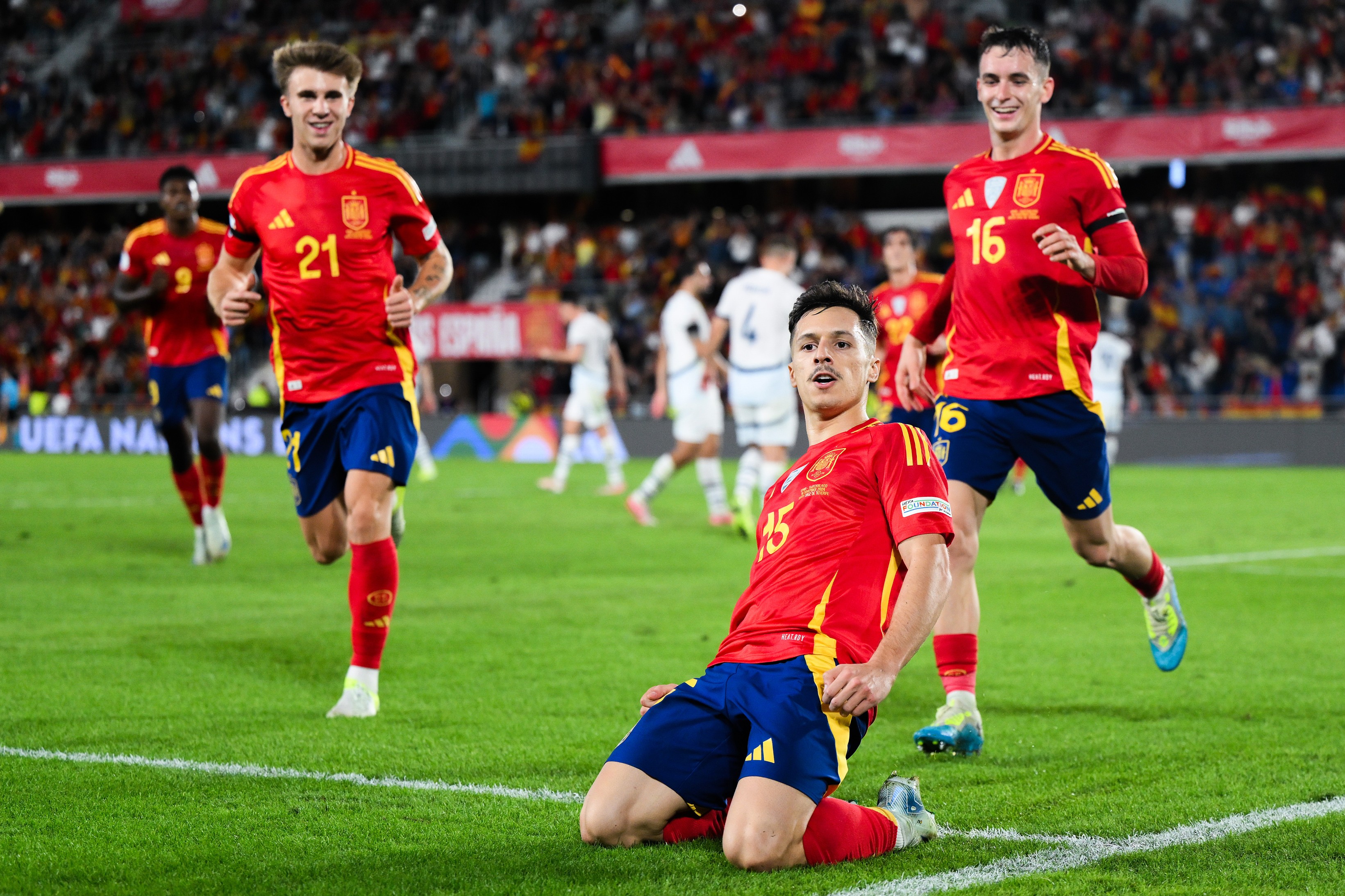 Bryan Zaragoza from Spain's glory after scoring a goal