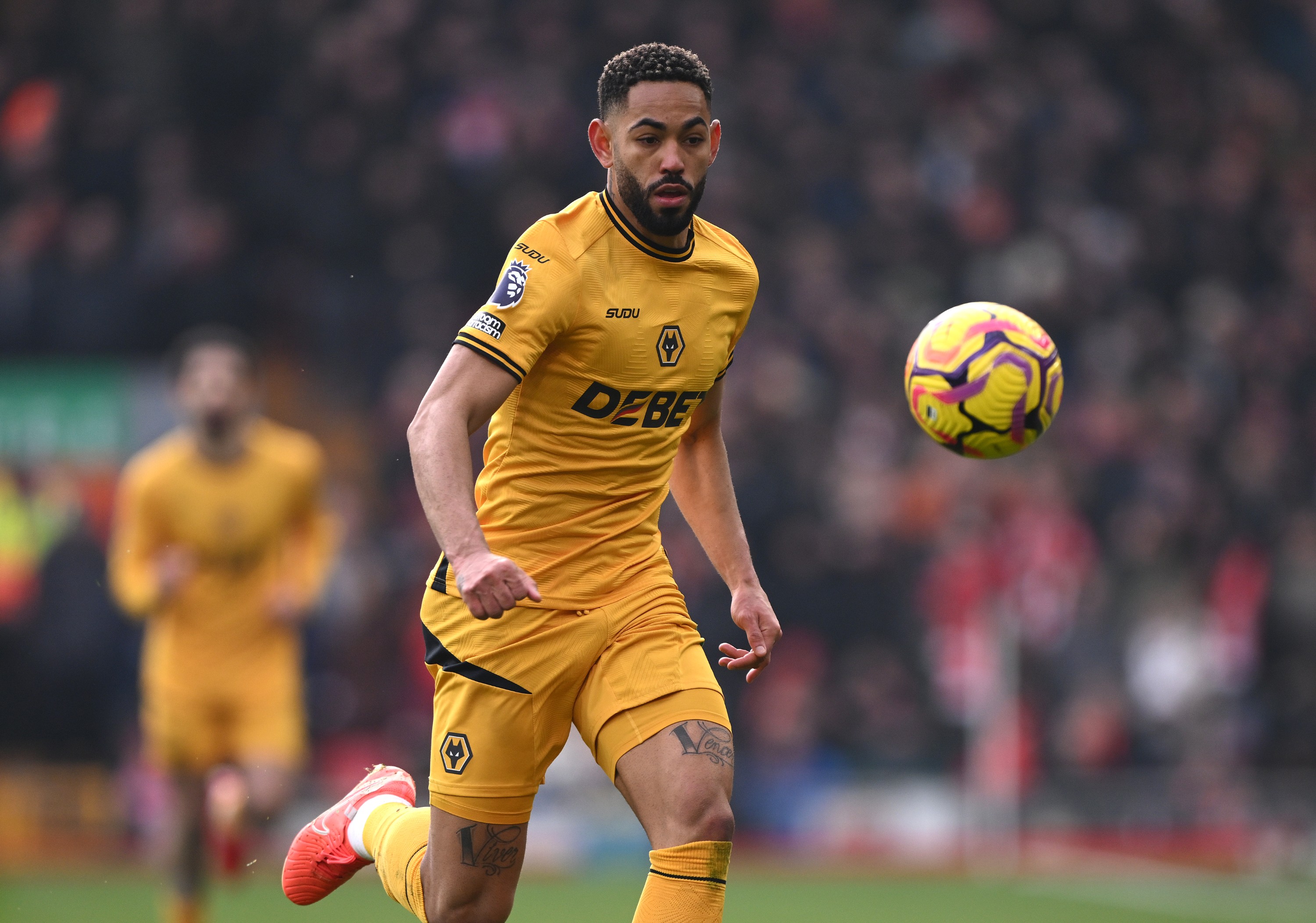 Wolves player Matheus Cunha in action during the Premier League match against Liverpool