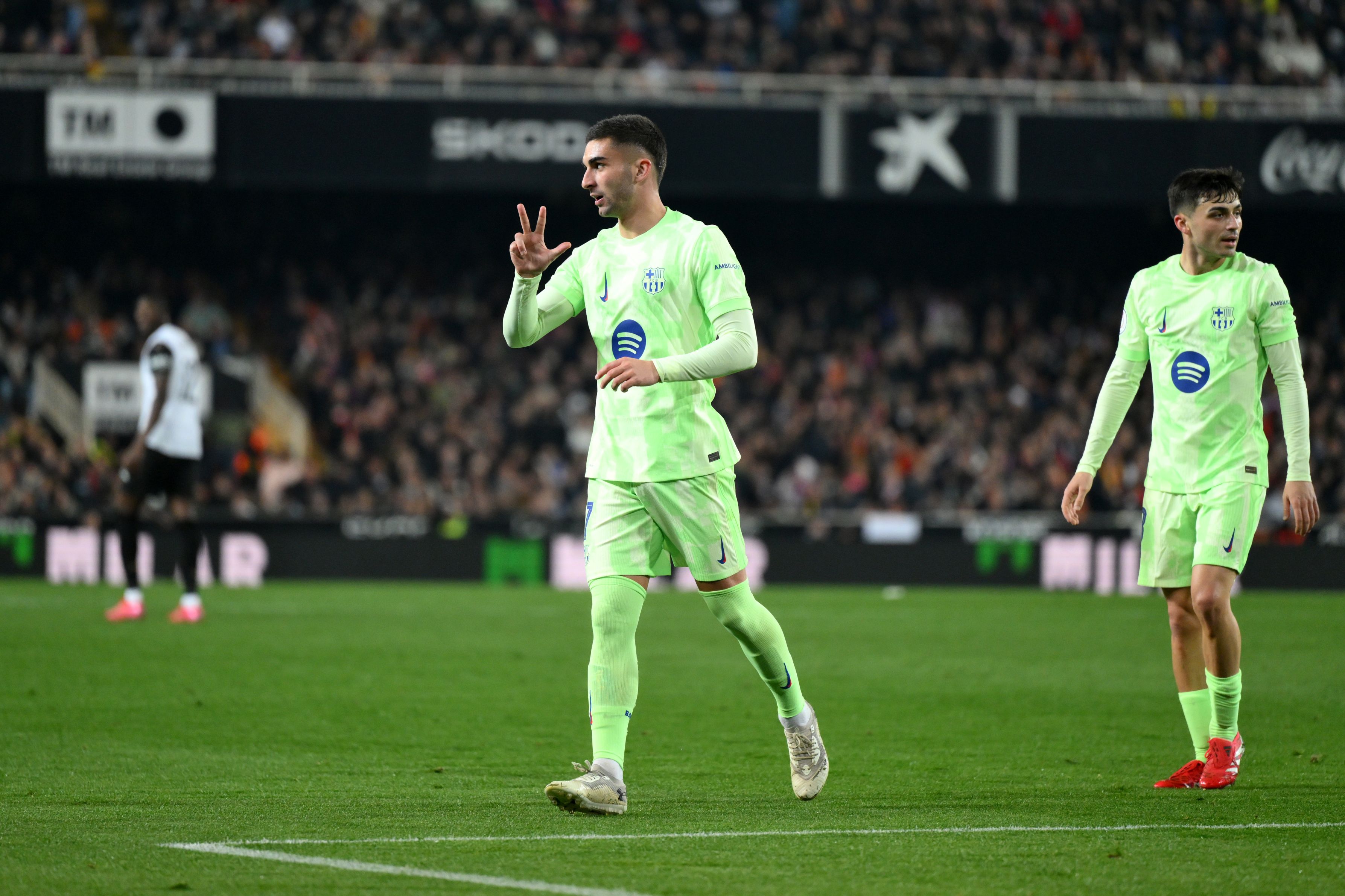 Ferran Torres of FC Barcelona celebrates scoring his hattrick