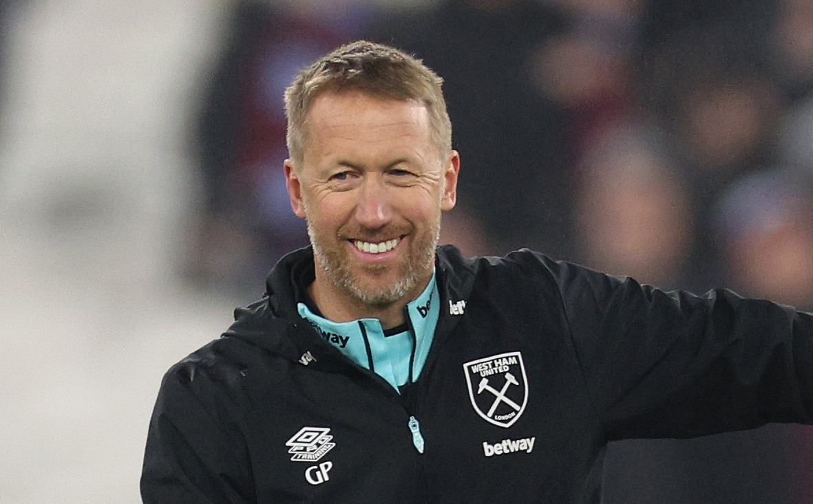 Graham Potter, Head Coach of West Ham United chats with his players