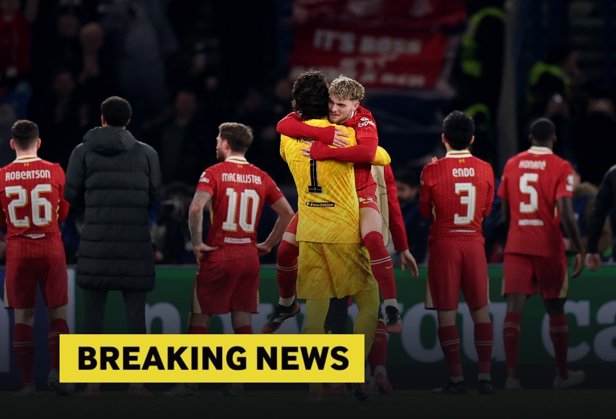 Alisson and Harvey Elliott celebrate at the end of Liverpool's 1-0 victory in PSG