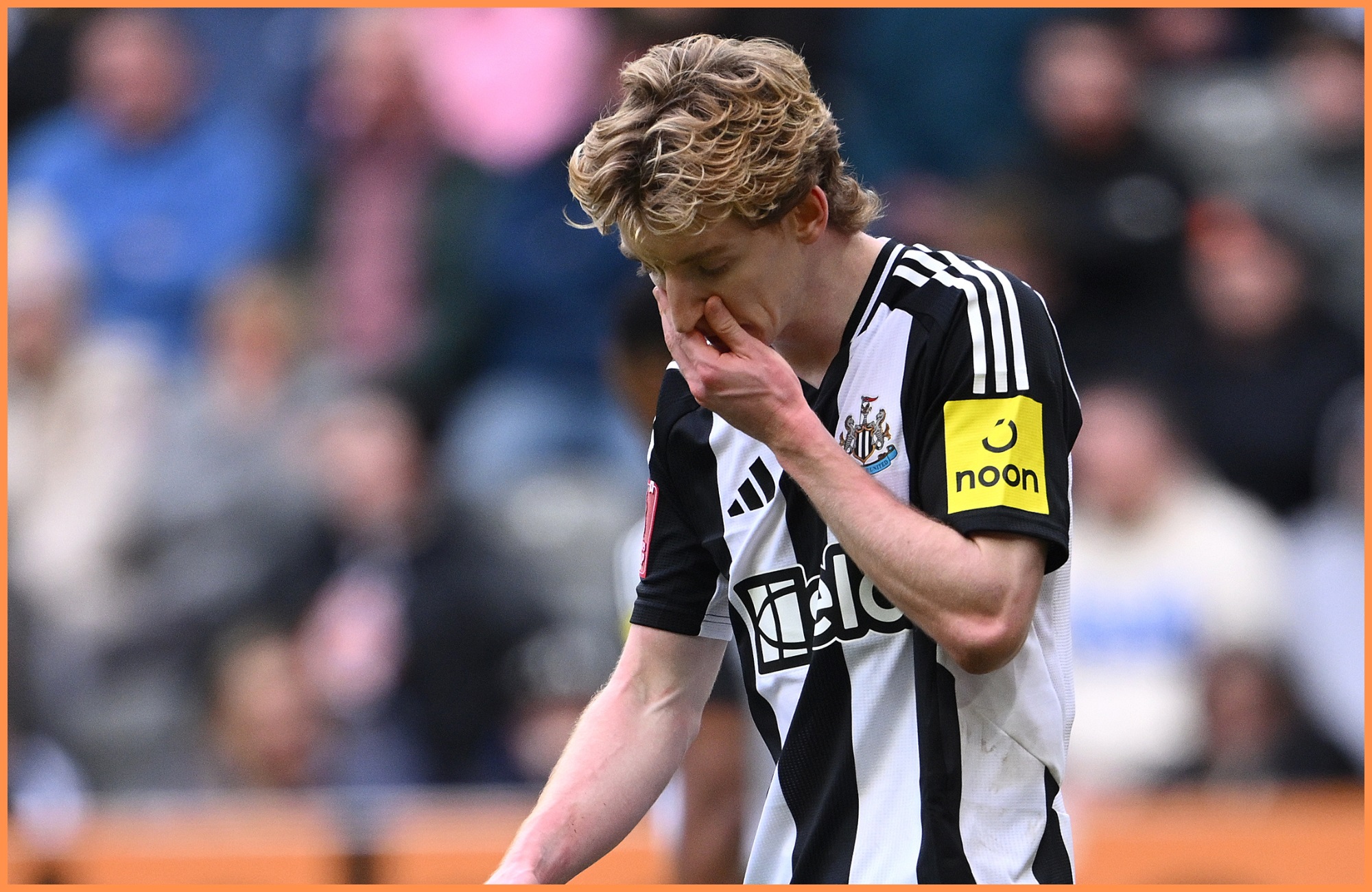 Anthony Gordons walks off clutching his nose after being red-carded.