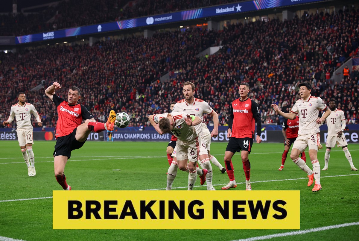 Bayern Munich vs Bayer Leverkusen action shot and breaking news banner