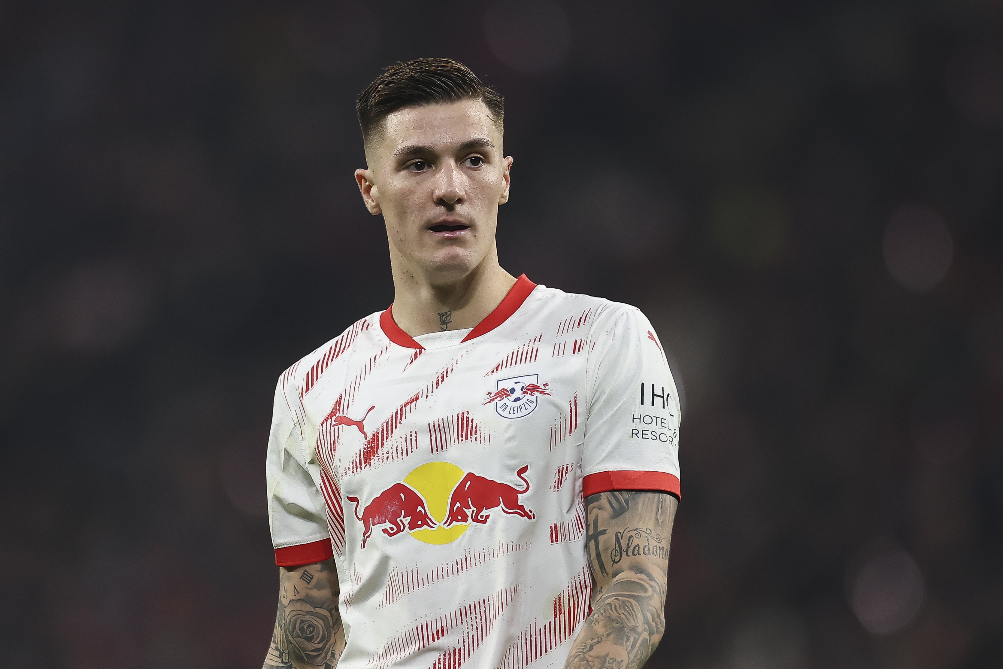 Arsenal target Benjamin Sesko looks at the pitch at the Red Bull Arena.