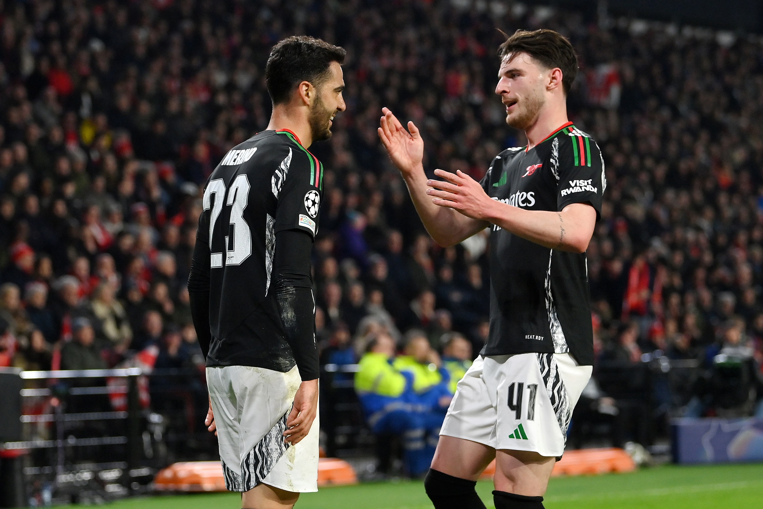 Declan Rice notes after Arsenal arm with Mikel Merino.