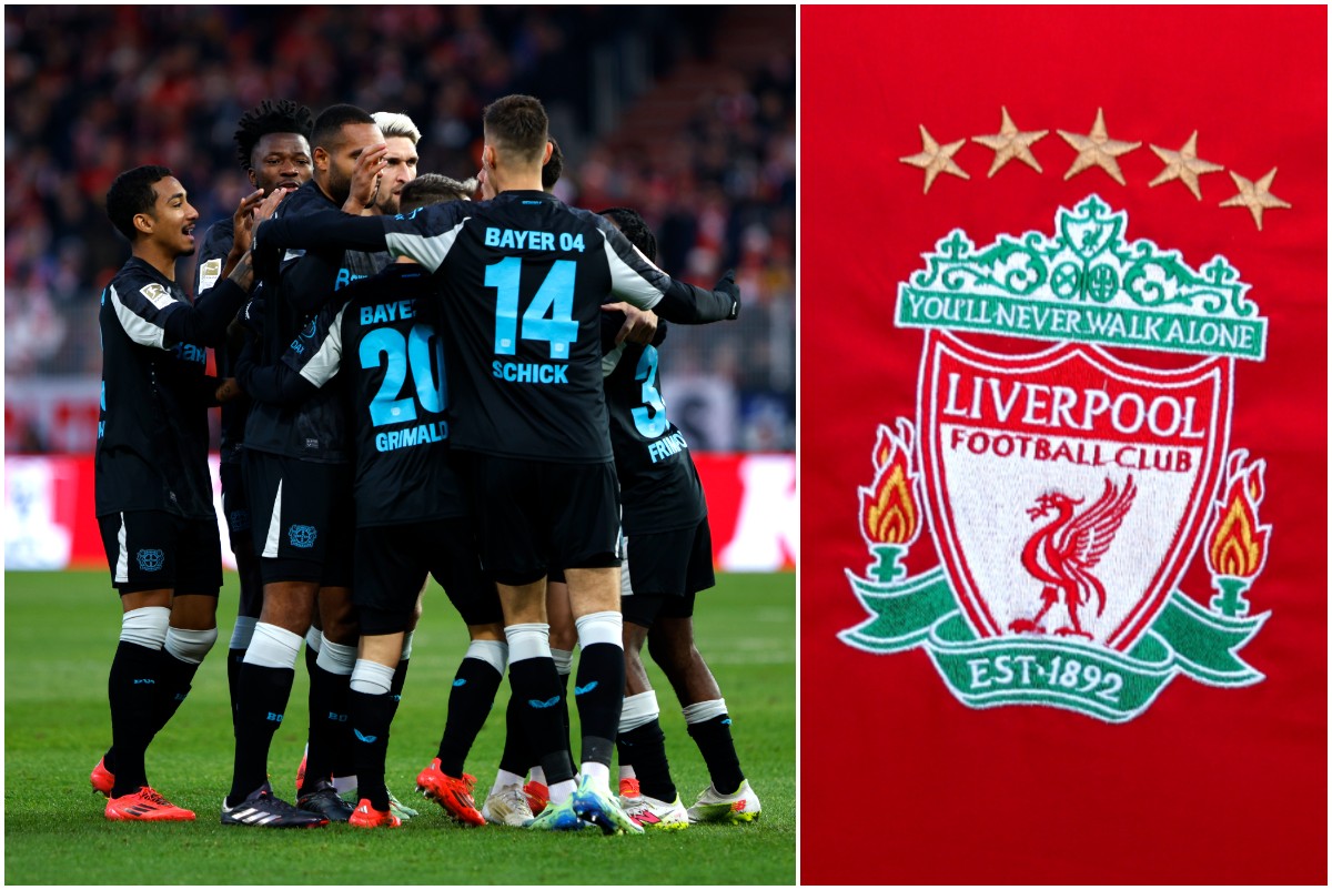 Jeremie Frimpong celebrating with his Bayer Leverkusen teammates, and the Liverpool FC club crest