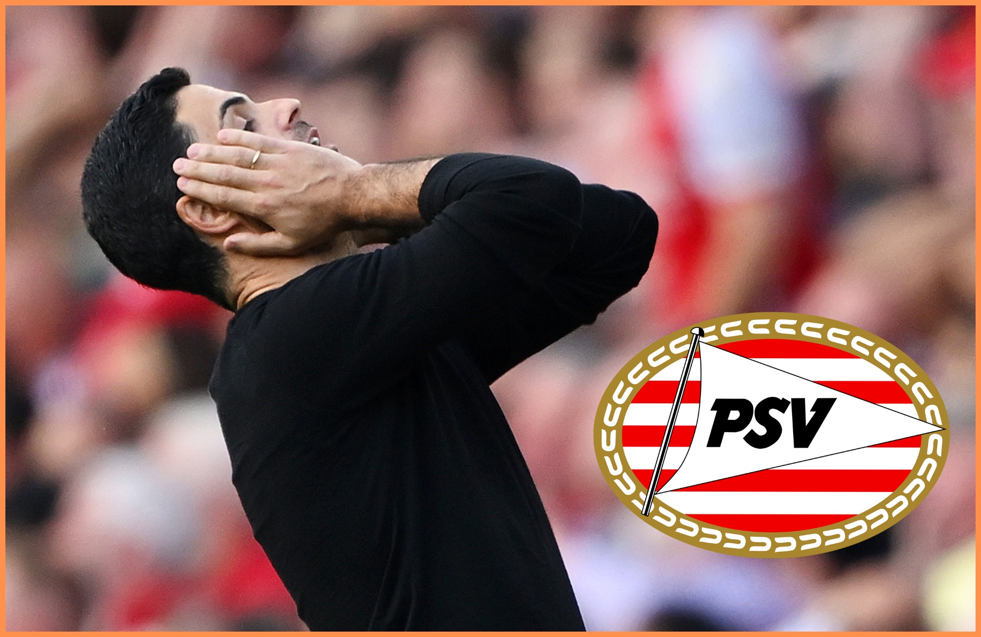 Mikel Arteta tilts and holds his head next to the PSV Club Crest.