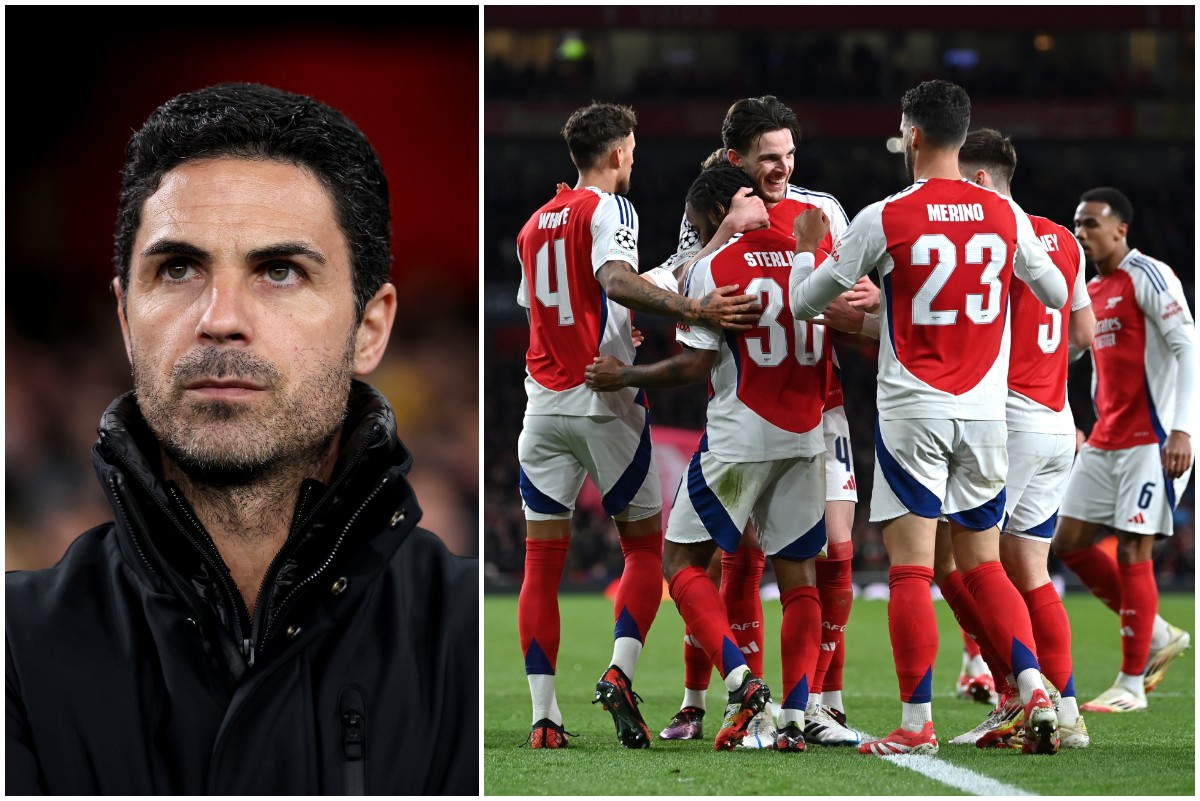 Mikel Arteta looking on, and Arsenal players celebrating