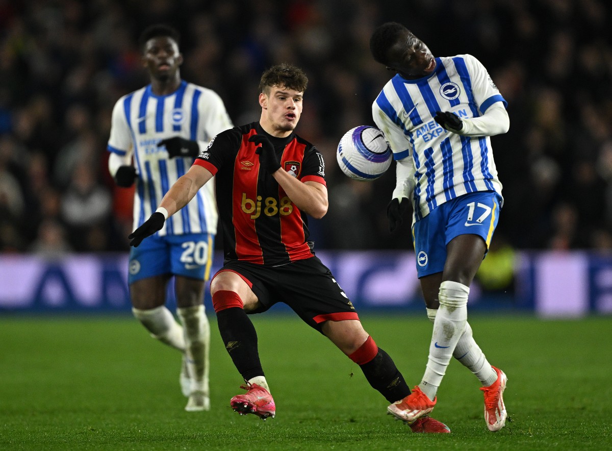 Milos Kerkez in action for Bournemouth vs Brighton