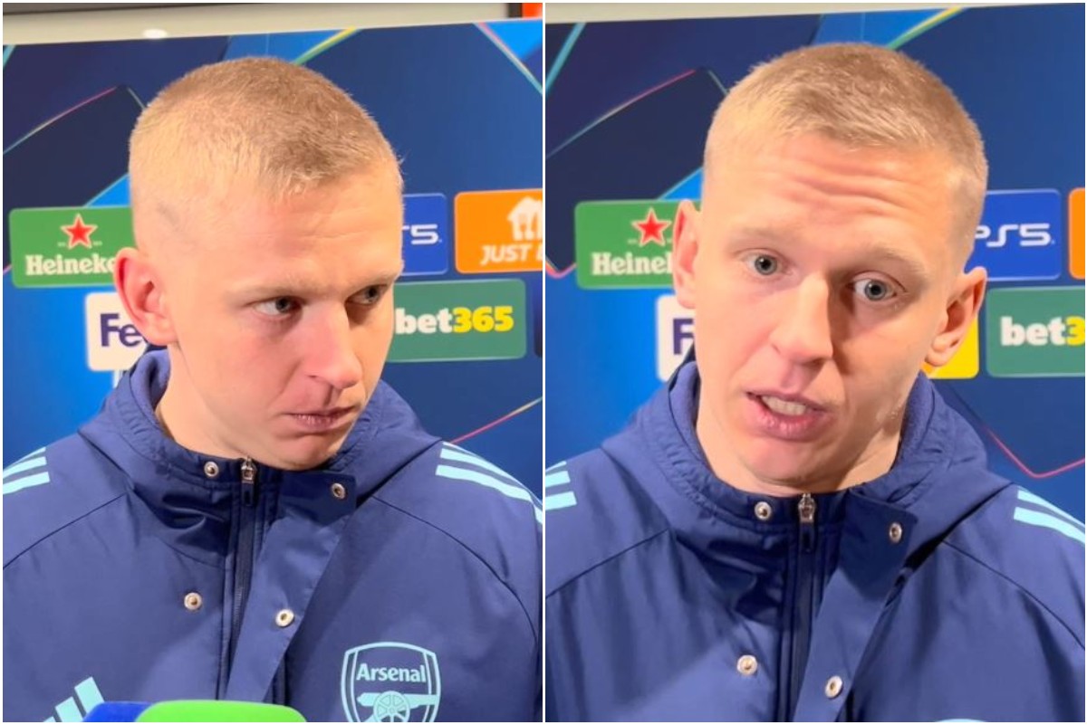 Oleksandr Zinchenko speaking in a mixed zone