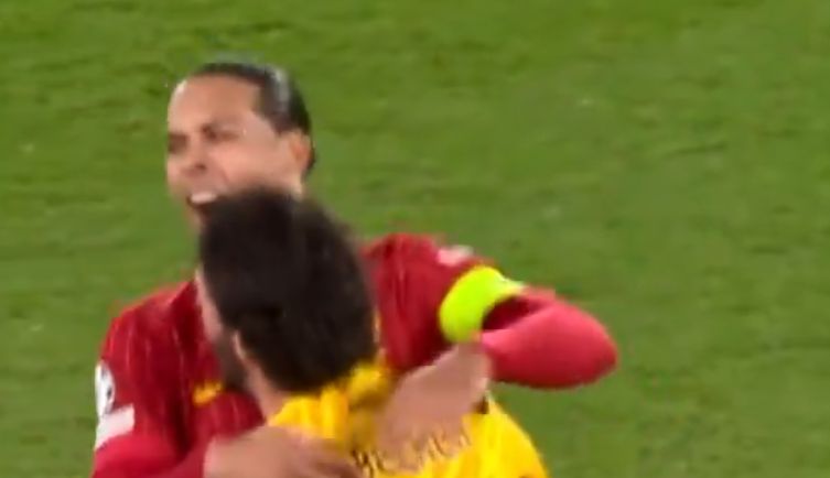 Alisson Becker and Van Dijk celebrate Harvey;s goal