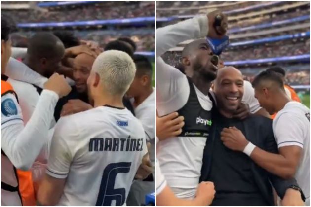 Panama players celebrating with Thierry Henry