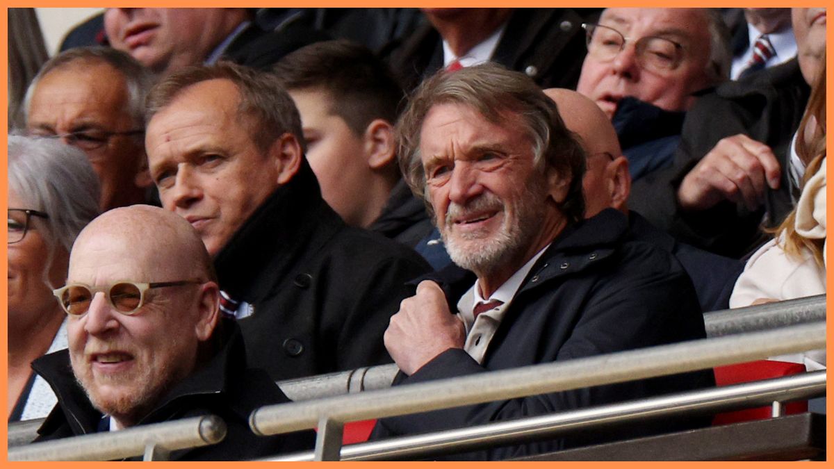 Manchester United co-owner Sir Jim Ratcliffe grimaces in the stands.