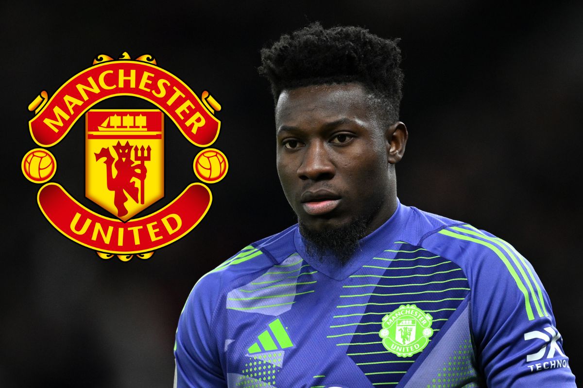 André Onana looks at the attached Man United badge