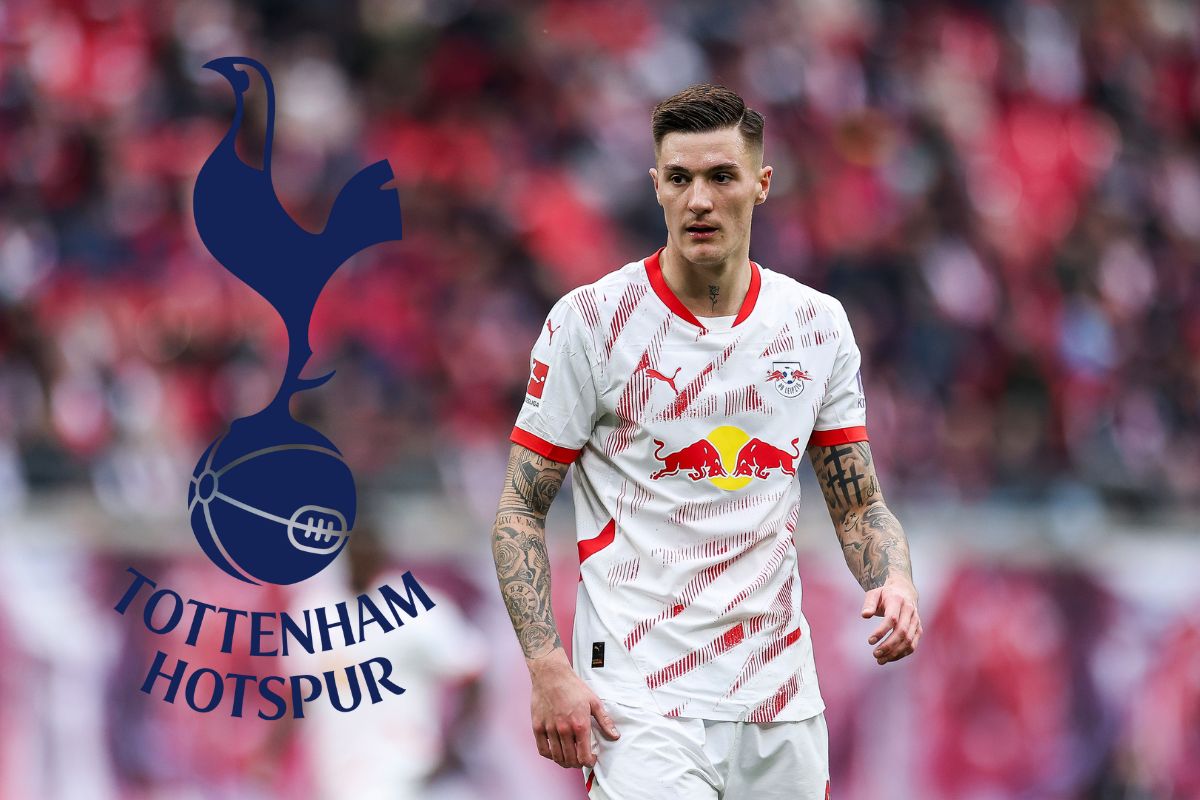 Benjamin Sesko of RB Leipzig with the Tottenham badge