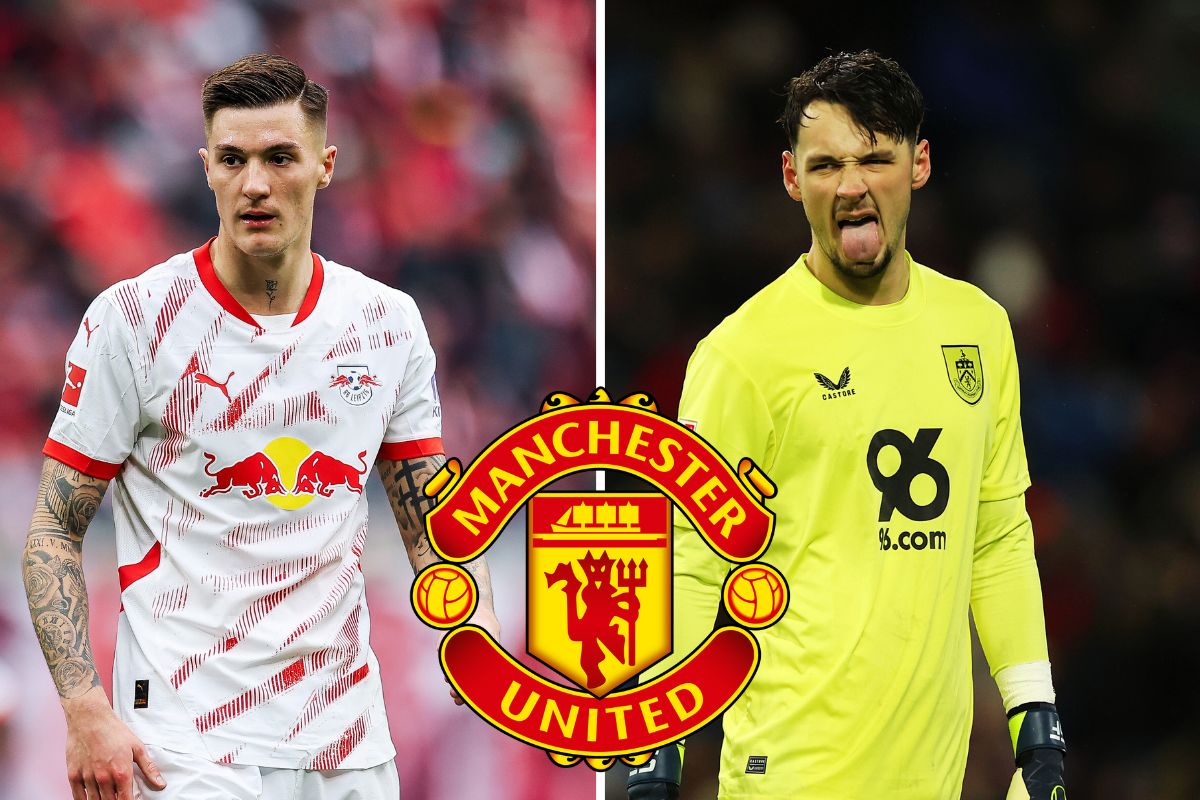 Benjamin Sesko and James Trafford as the picture are divided with the Man United badge (photo of Molly Darlington/Getty Images)