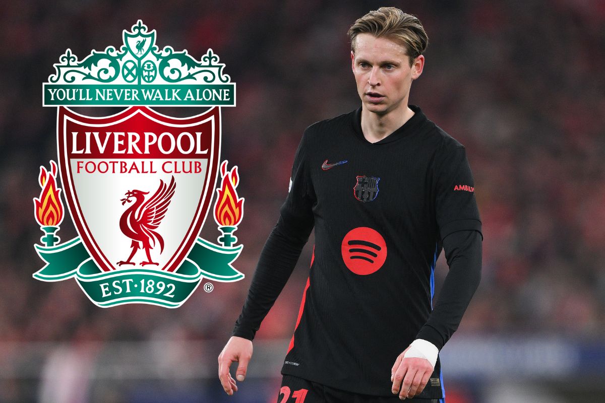 Frenkie ide Jong looks on - with the Liverpool badge attached