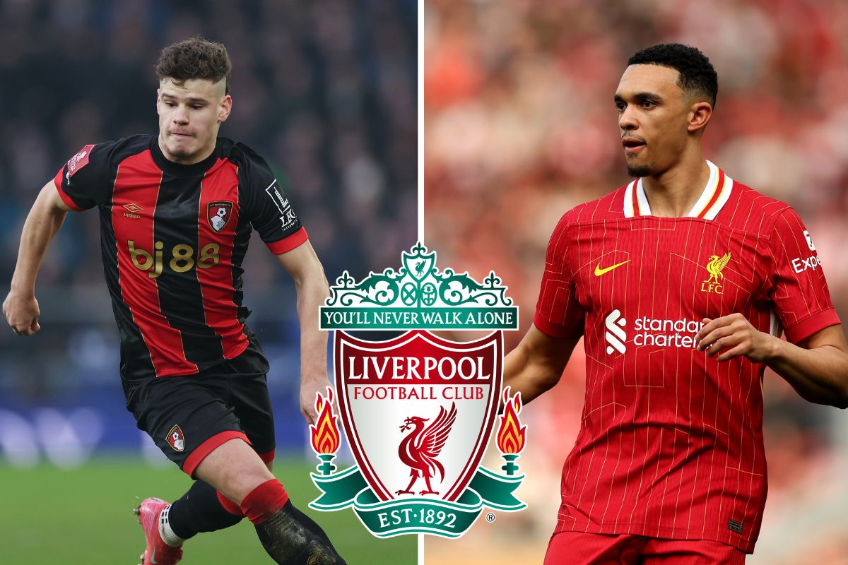 Milos Kerkez and Trent Alexander-Arnold as an image split - and the Liverpool badge attached