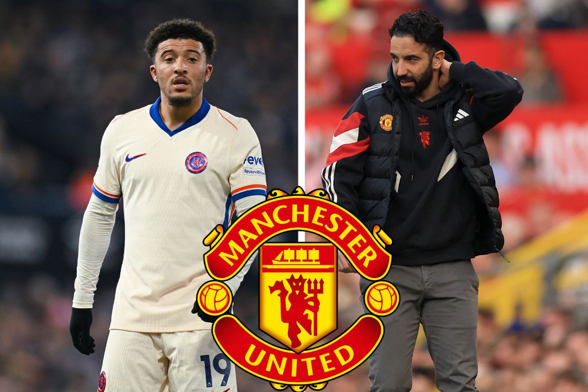 Ruben Amorim and Jadon Sancho as an image split - with the Man United badge